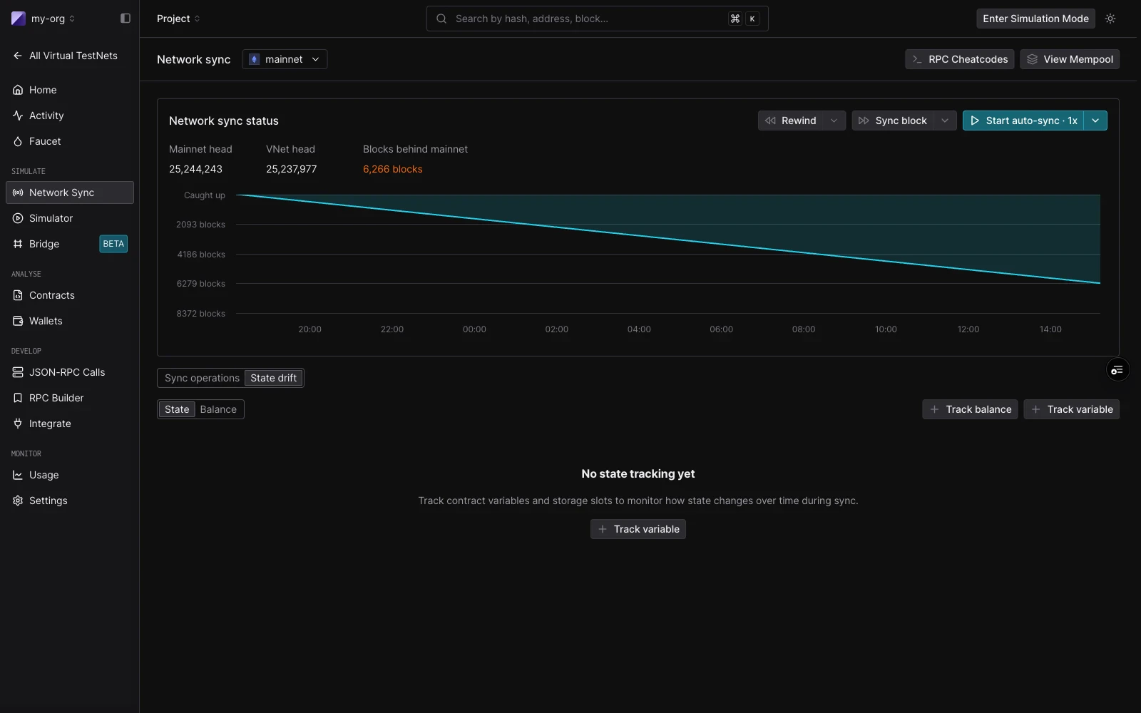 State drift view inside Network Sync, showing the State and Balance tabs and the Track variable / Track balance buttons