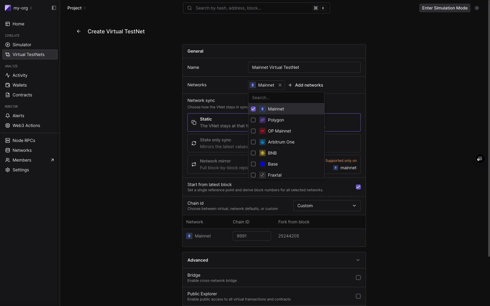 Create Virtual Environment form with the network dropdown open showing multiple EVM networks to choose from, and Bridge / Public Explorer toggles in the Advanced section