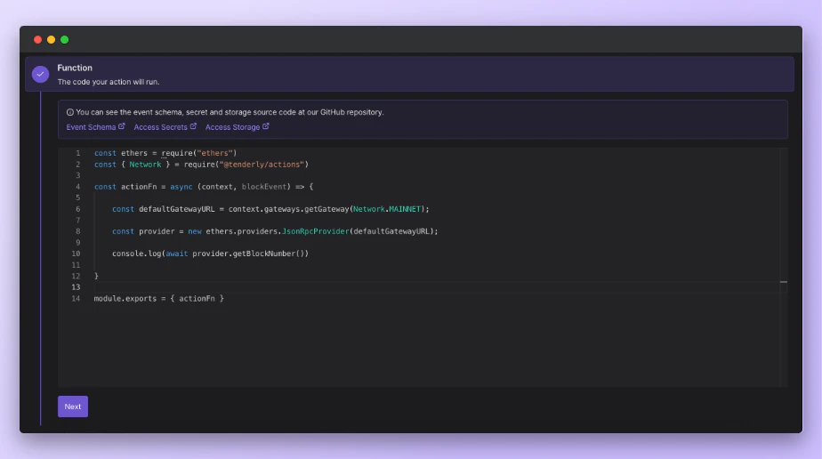Custom code that is executed when the Web3 Action is triggered