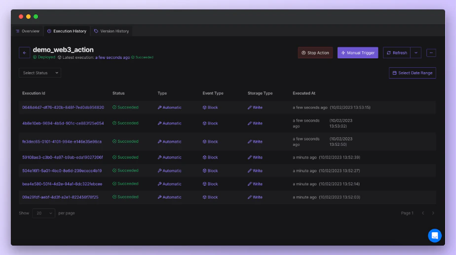 Web3 Action execution history