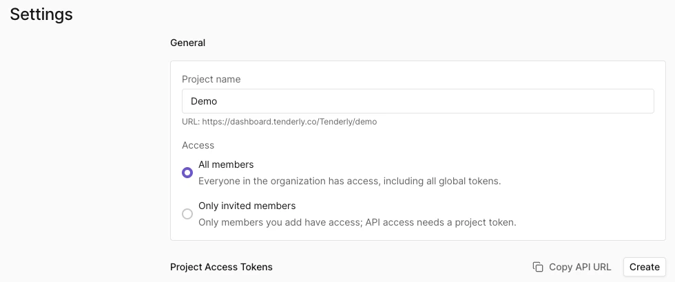 Project Settings page with the project URL under Project name and the Copy API URL button