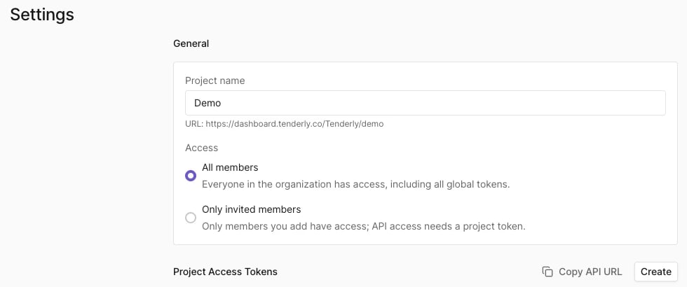 Project Settings page with the project URL under Project name and the Copy API URL button