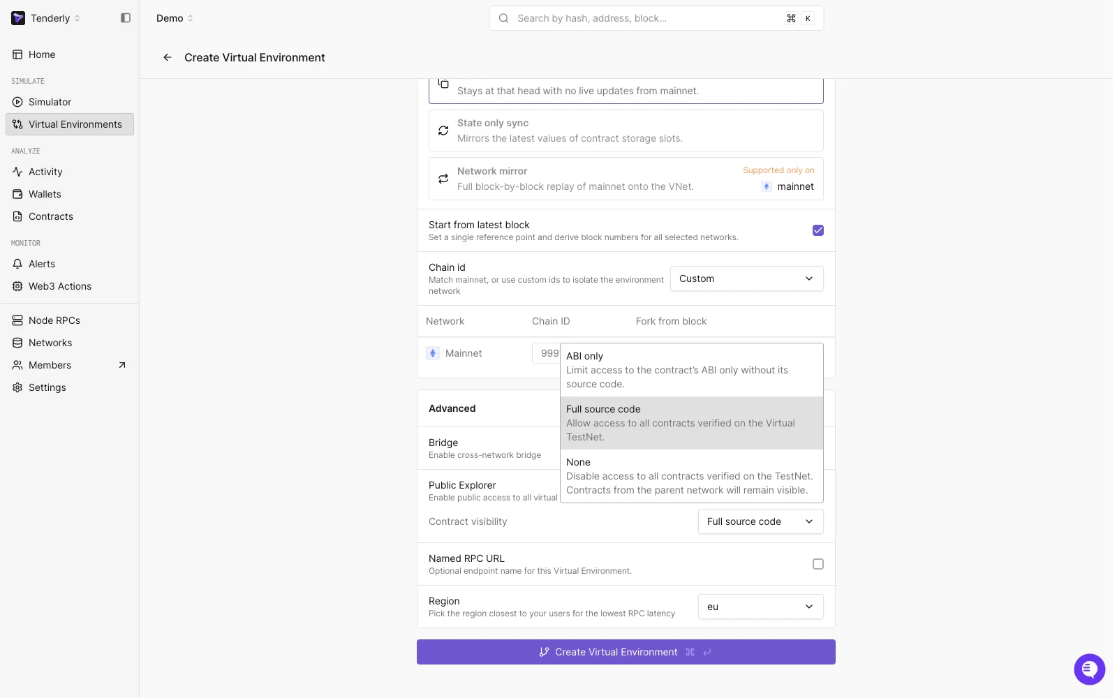 Create Virtual Environment form with the Contract visibility dropdown open, showing ABI only, Full source code, and None options