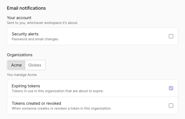 Email notifications section with Security alerts and Tokens created or revoked rows