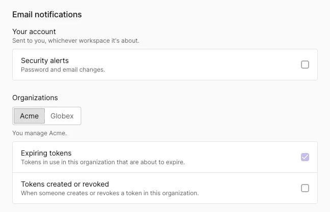 Email notifications section with Security alerts and Tokens created or revoked rows