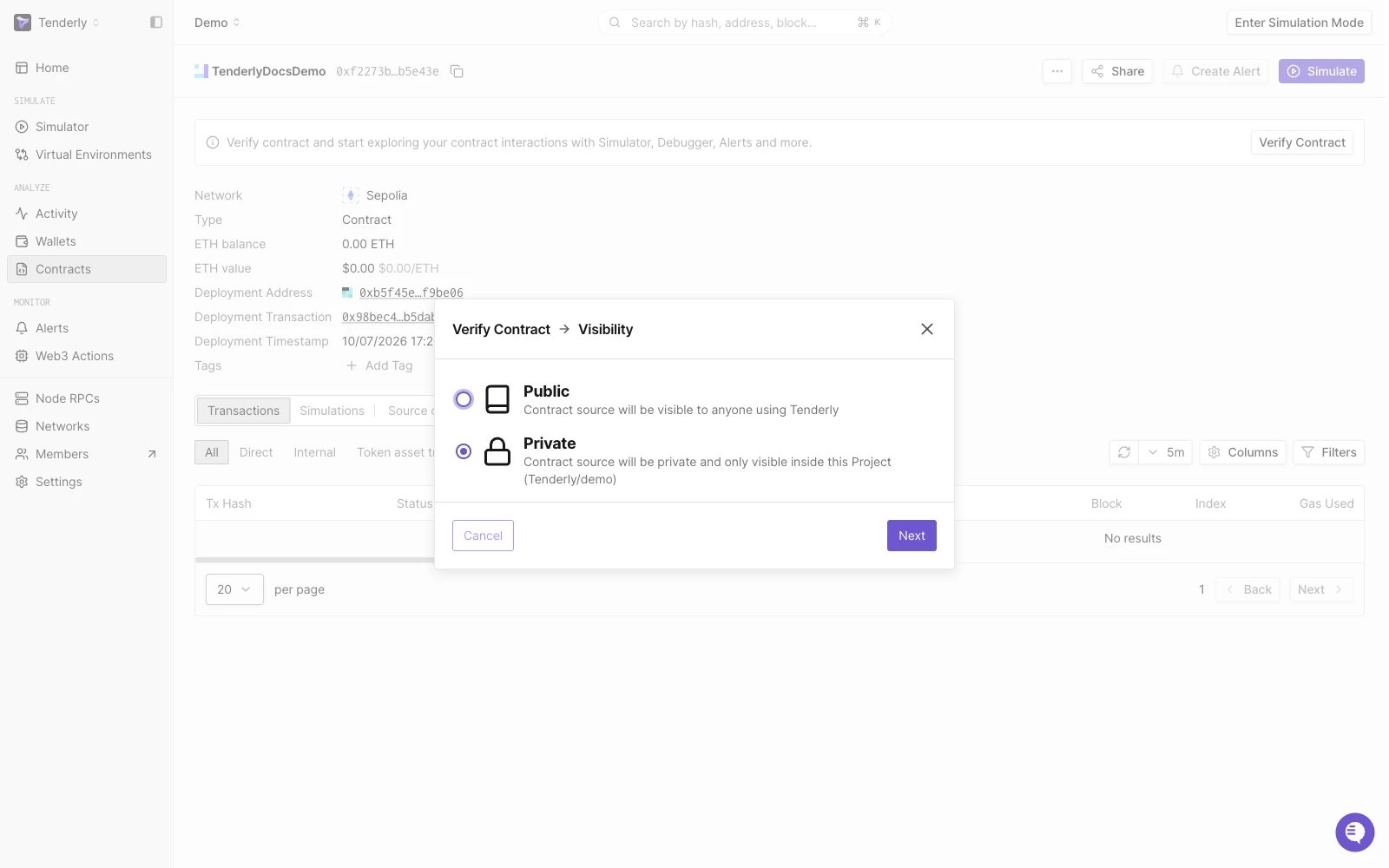 Verify Contract visibility step