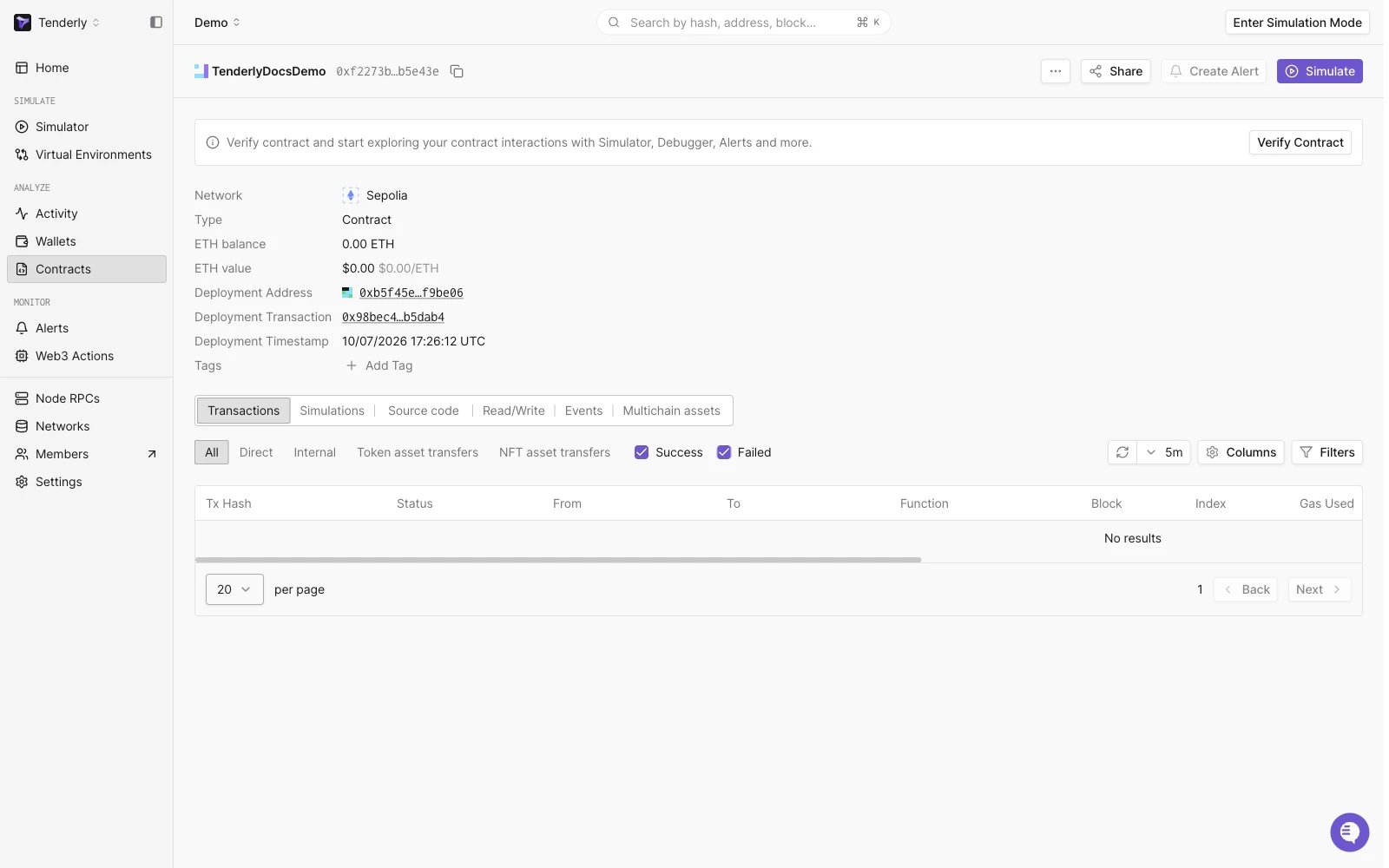 Unverified contract banner with Verify Contract button