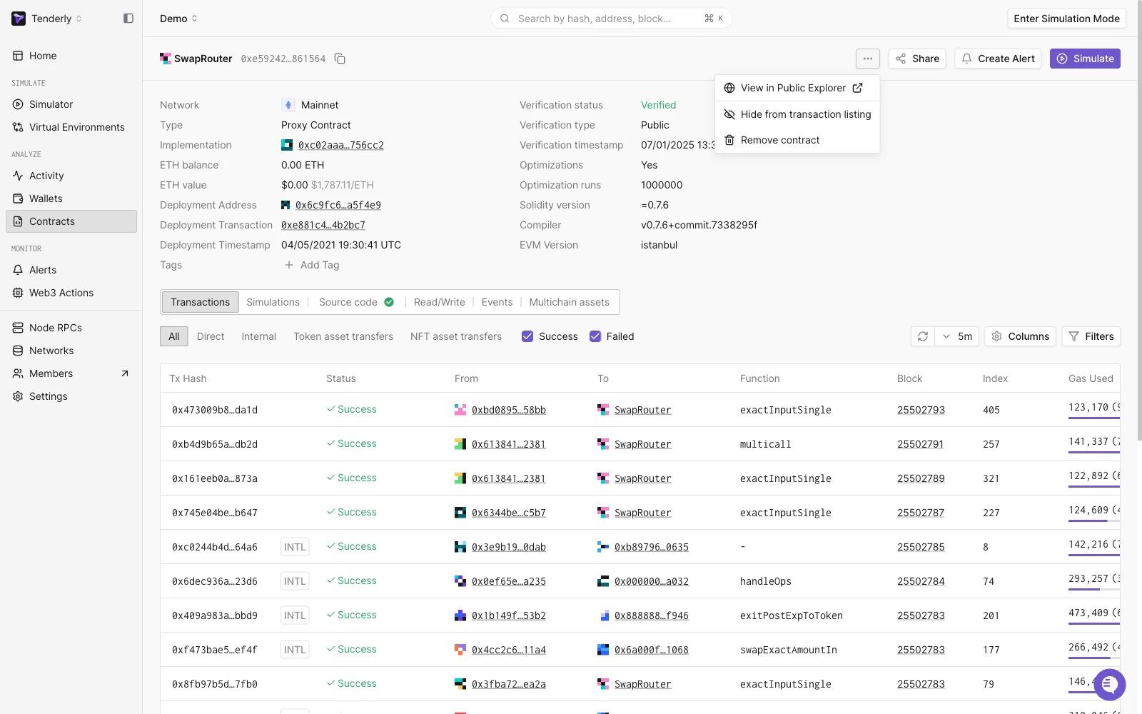 Contract header menu