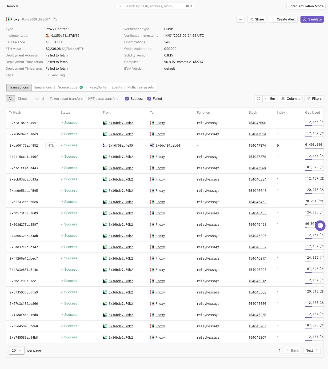 Proxy contract header with implementation history icon