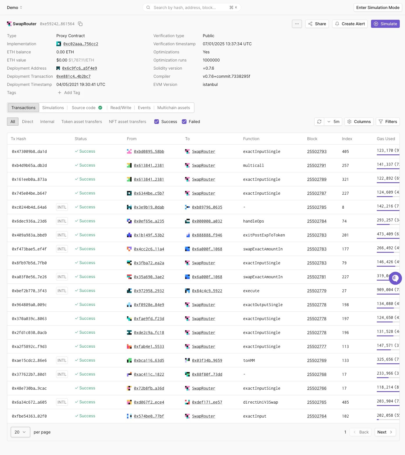 Proxy contract header, single implementation