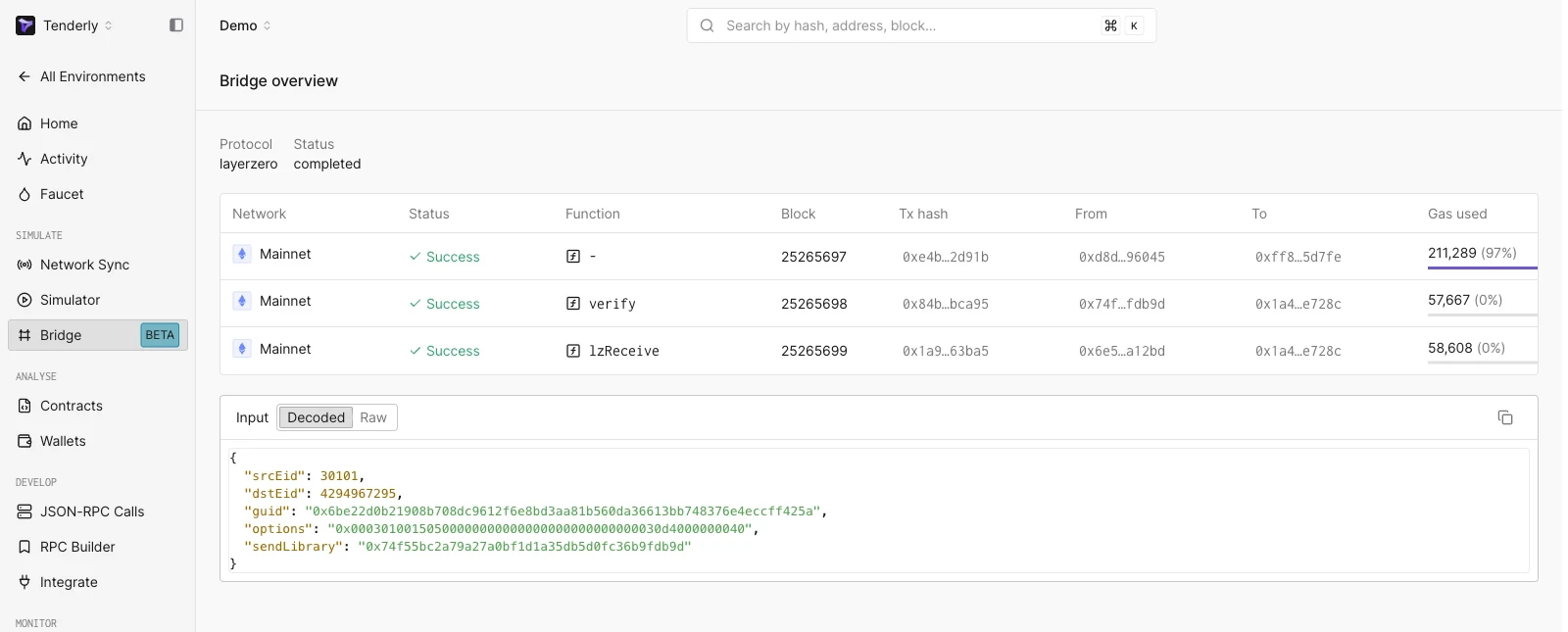 Bridge operation detail page showing protocol layerzero with completed status, a table of constituent transactions with functions verify and lzReceive and their gas used, and a decoded input payload with srcEid, dstEid, guid, options, and sendLibrary fields