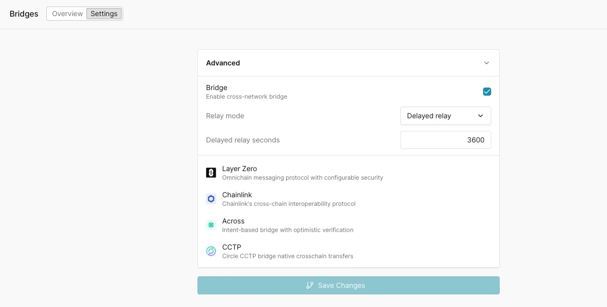 Bridge settings Advanced panel showing the Bridge enable checkbox, a Relay mode dropdown set to Delayed relay, a Delayed relay seconds field set to 3600, and the supported protocols Layer Zero, Chainlink, Across, and CCTP with descriptions