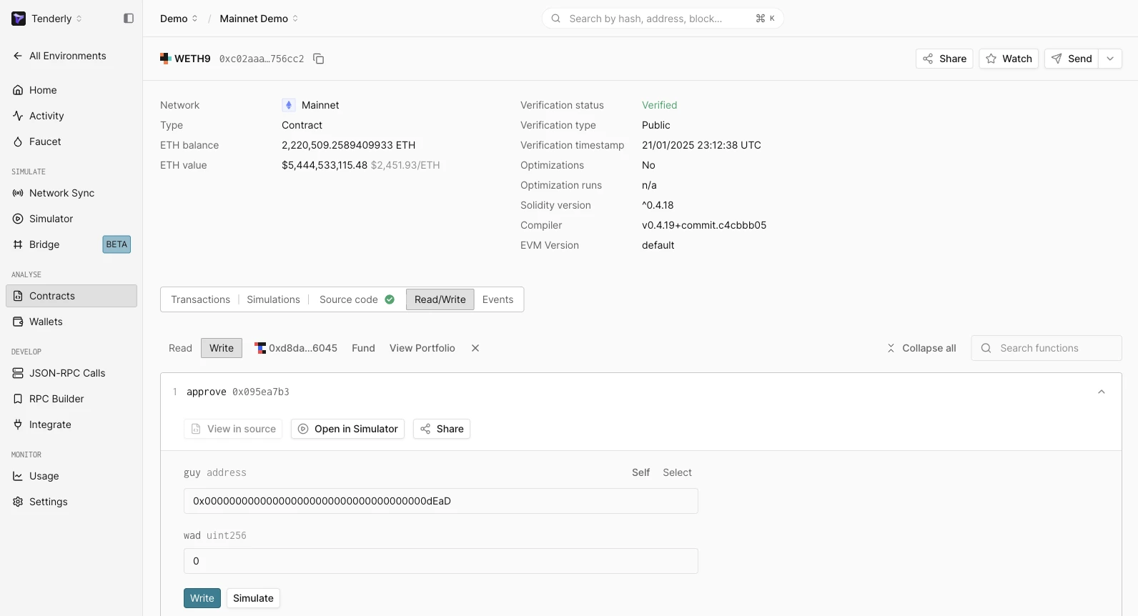 Write sub-tab of the Read/Write tab on the WETH9 contract inside a Virtual Environment, with a selected sender address, Fund and View Portfolio buttons, and the expanded approve function showing its parameters and the Write and Simulate buttons