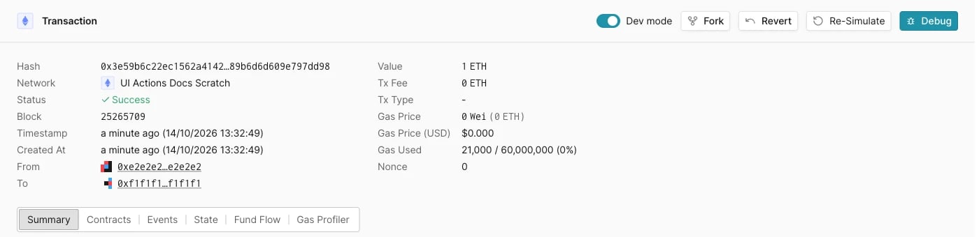 Virtual Environment transaction page with the Dev mode toggle and the Fork, Revert, Re-Simulate, and Debug buttons in the header, above the transaction details