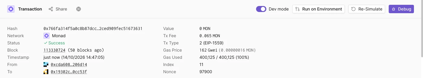 Transaction page header with Share and a globe icon next to the Transaction title, and the Dev mode toggle, Run on Environment, Re-Simulate, and Debug buttons on the right, above the transaction details