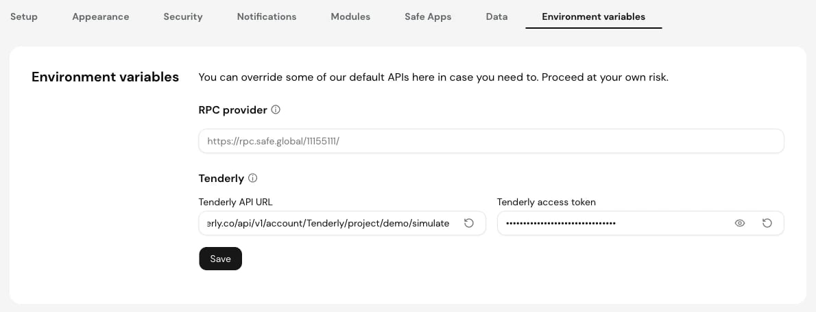 Safe{Wallet} Environment variables 设置:以 /simulate 结尾的 Tenderly API URL 和已隐藏的访问令牌