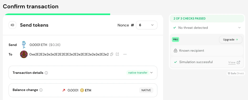 Safe{Wallet} 的 Confirm transaction 页面，Safe Shield 显示 Simulation successful 和 View 链接