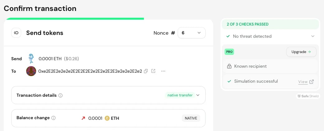 Safe{Wallet} 的 Confirm transaction 页面,Safe Shield 显示 Simulation successful 和 View 链接