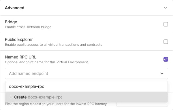 Advanced section of the Create Virtual Environment dialog with the Named RPC URL toggle enabled and the Add named endpoint combobox open showing a Create option for a new name