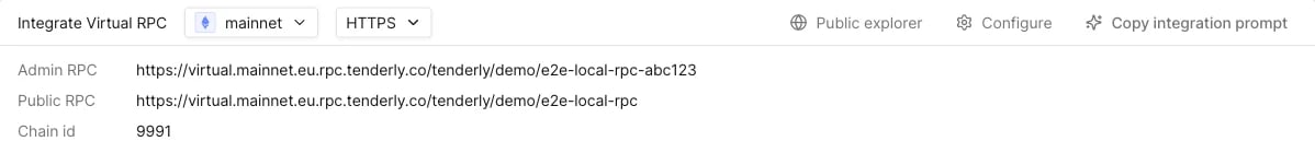 Integrate Virtual RPC panel showing the resolved Admin RPC URL ending in the name plus a random suffix, the Public RPC URL ending in just the name, and the chain id
