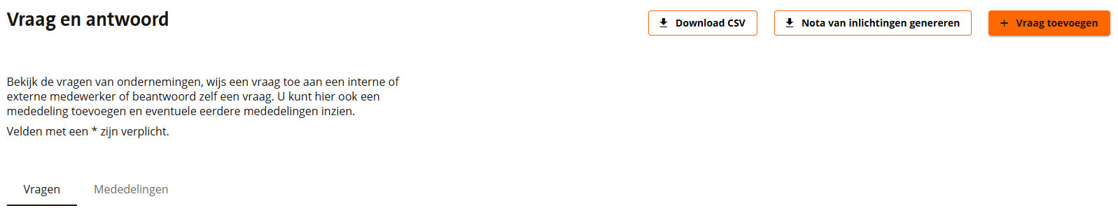 TenderNed interface met Download CSV knop om NVI vragen uit Ronde 1 te exporteren voor import in TenderSuite