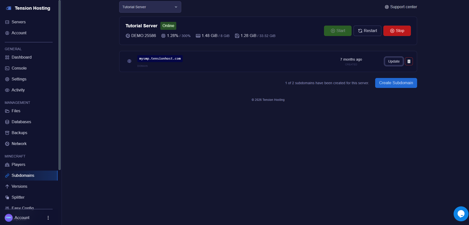 Screenshot of the Subdomain manager on Tension panel