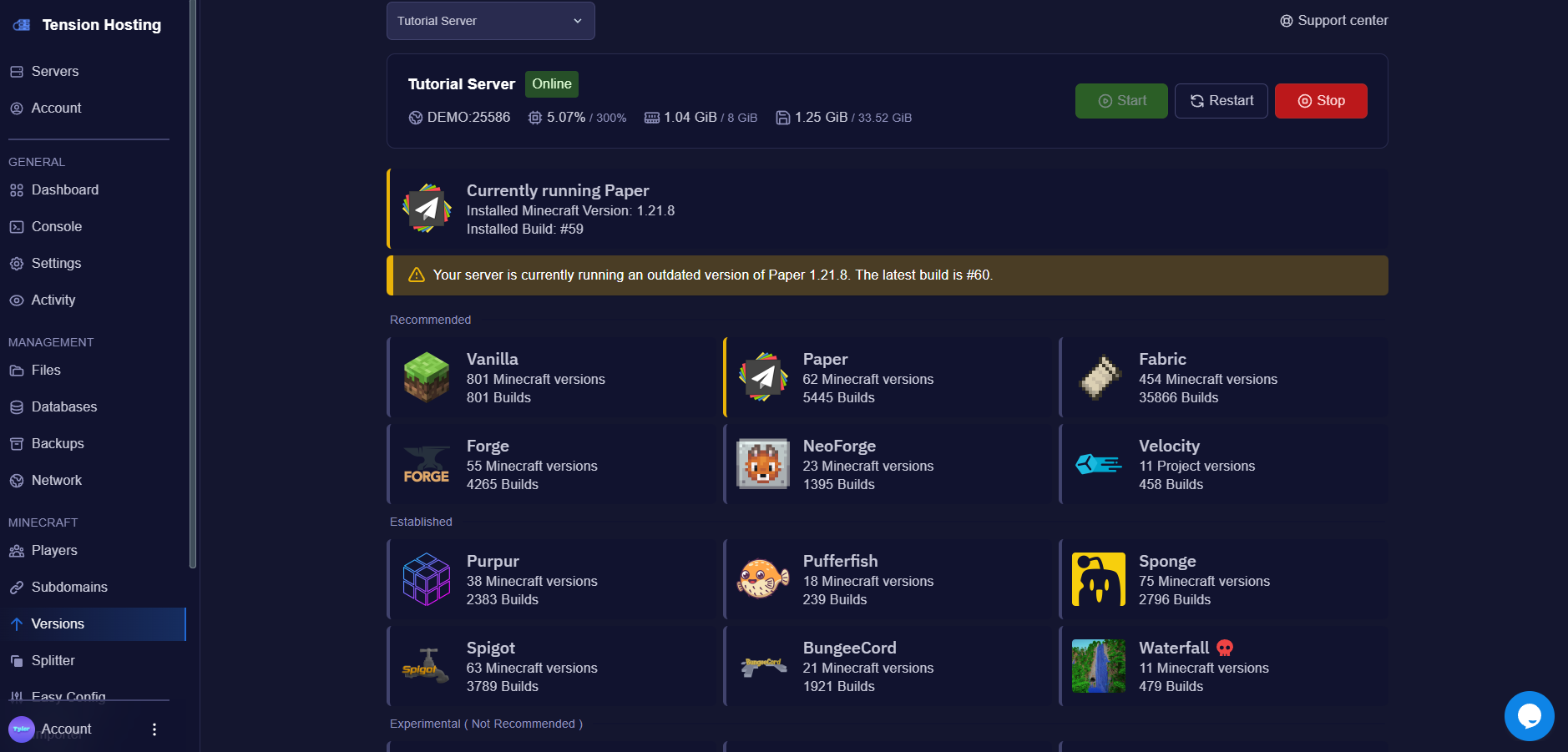 Screenshot of version changer on Tension panel