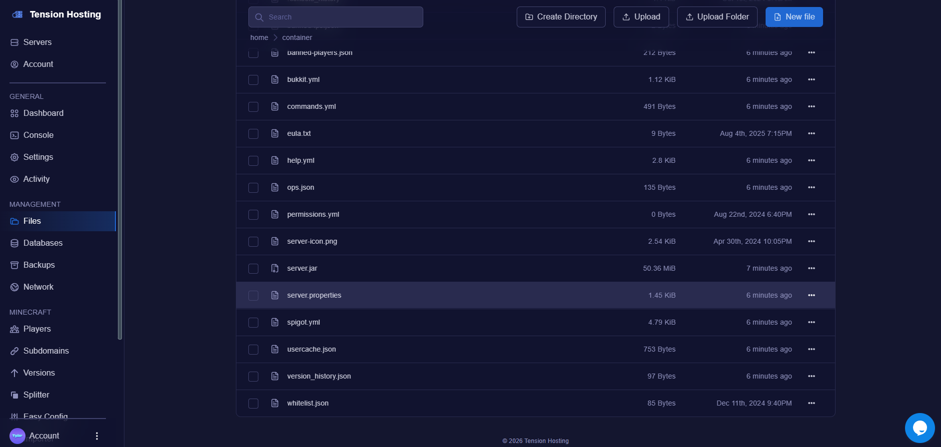 The server.properties file in the Tension panel file area
