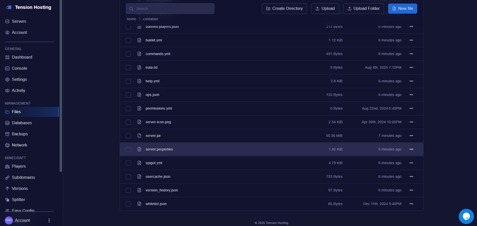 The server.properties file in the Tension panel file area