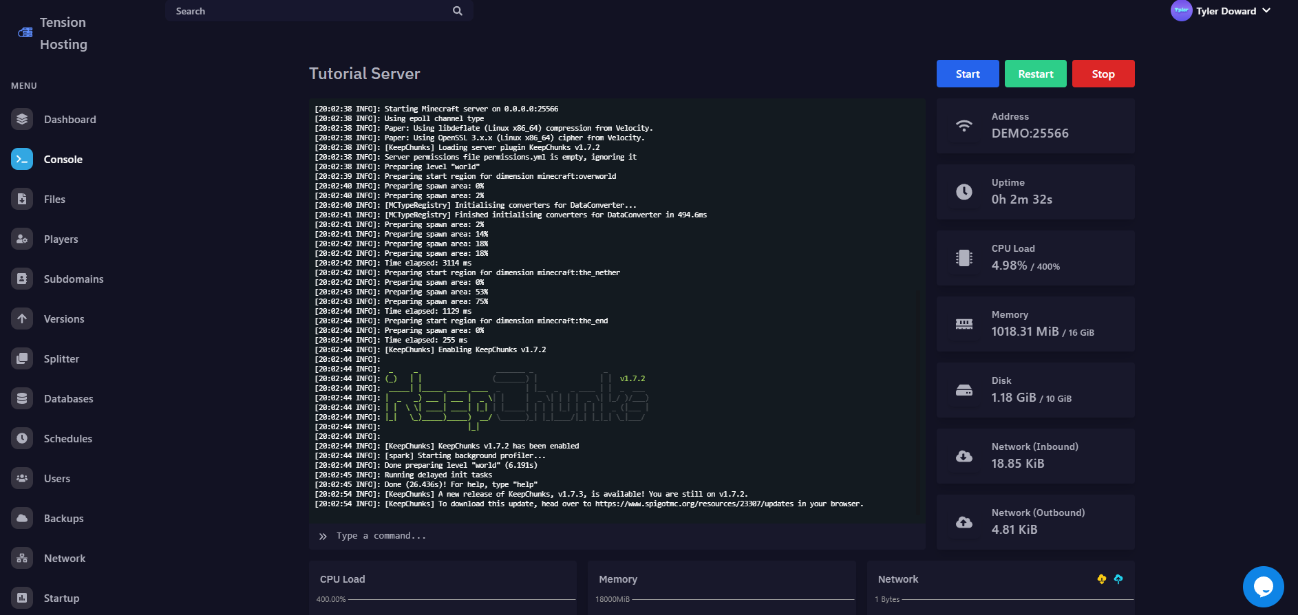 A screenshot of the Tension panel console page