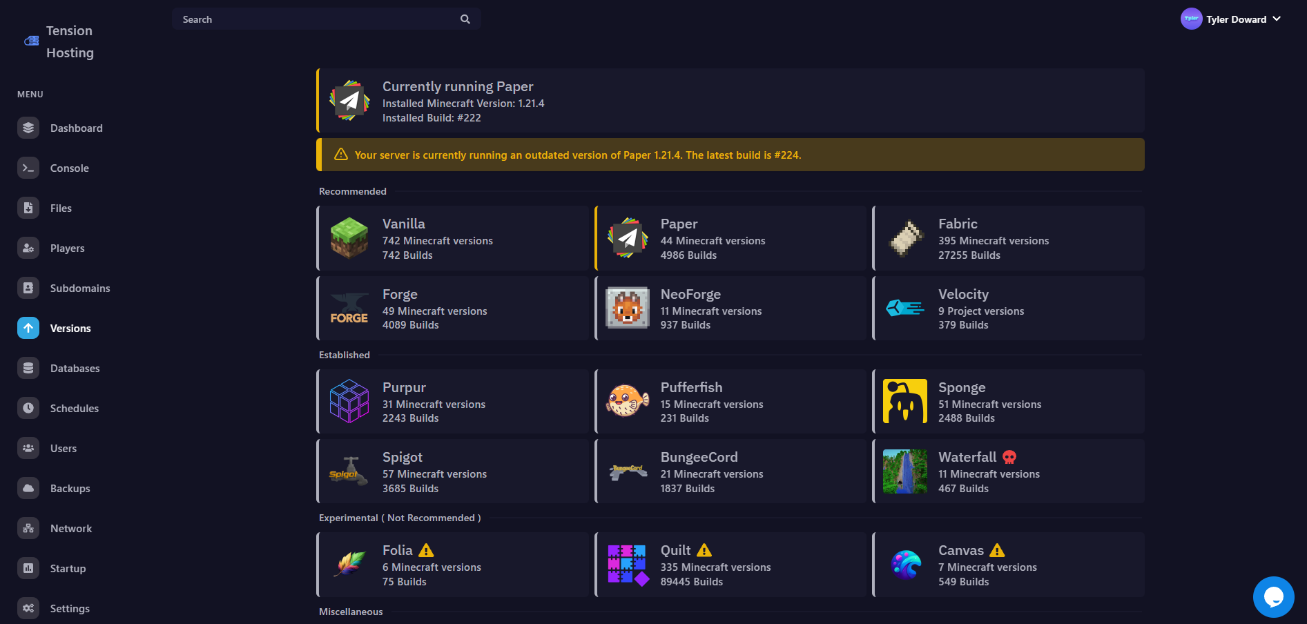 Screenshot of version changer on Tension panel