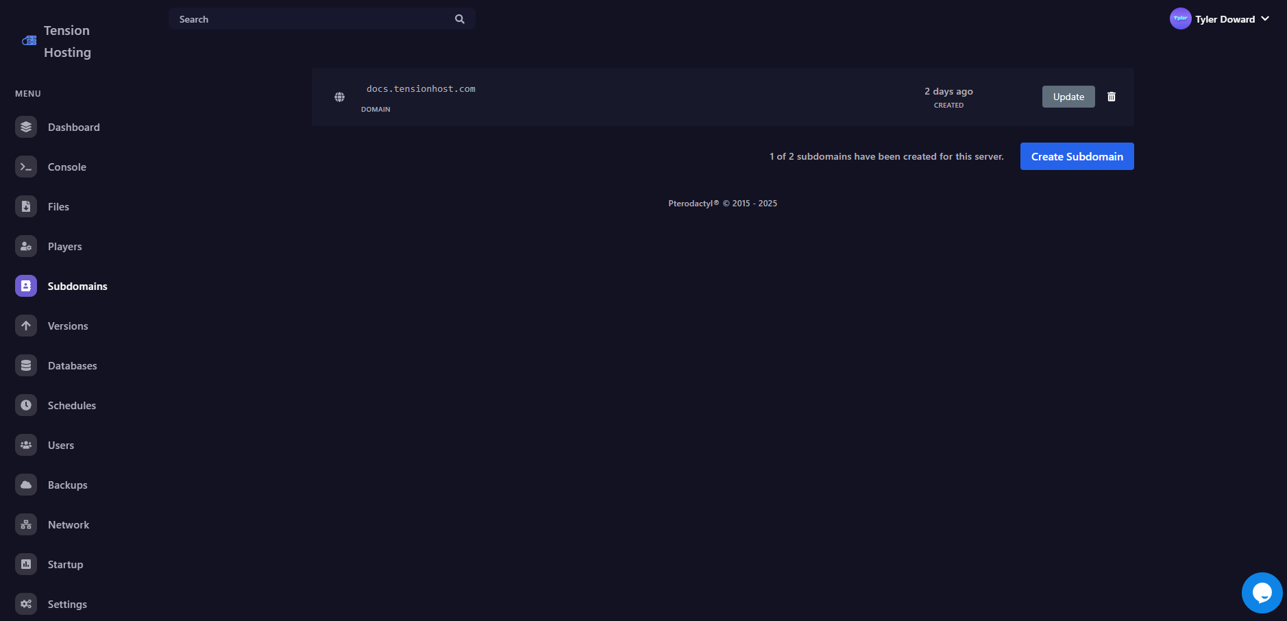 Screenshot of the Subdomain manager on Tension panel