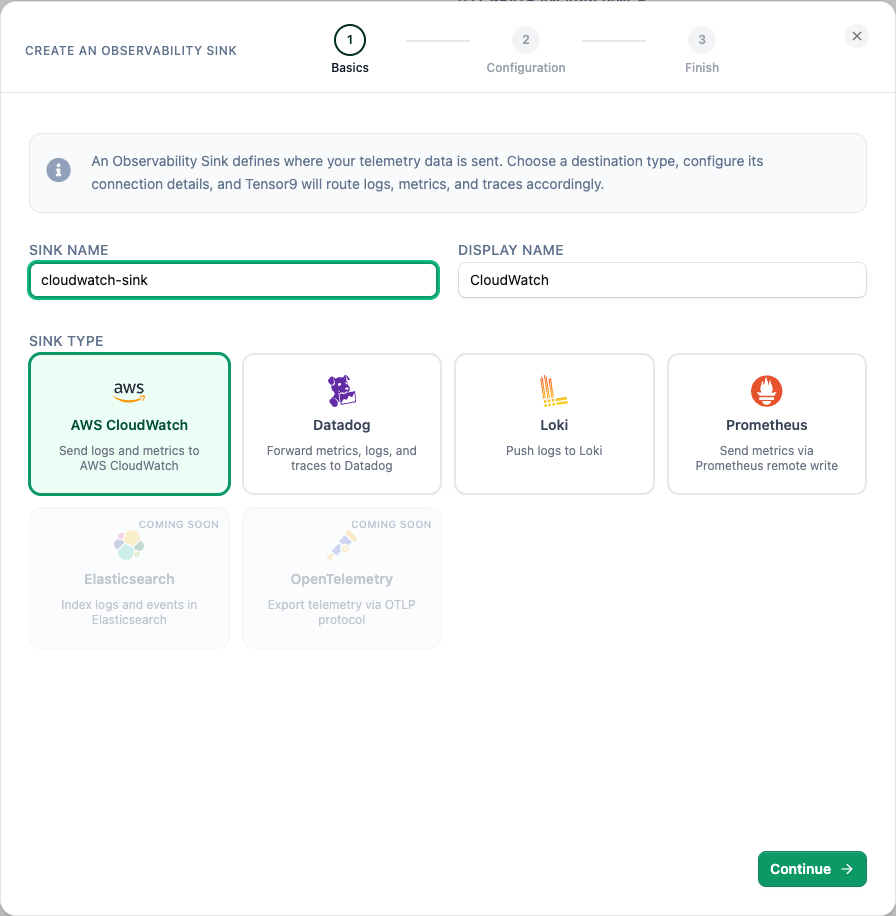 Sink wizard Basics step with AWS CloudWatch selected