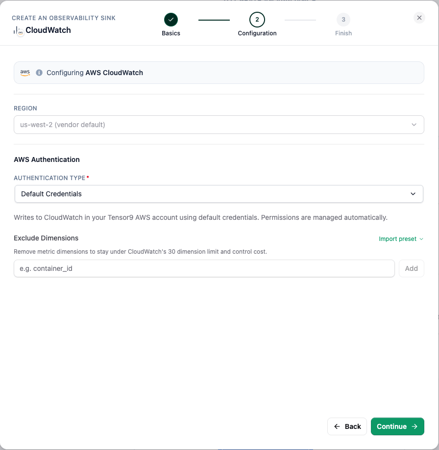 CloudWatch sink configuration: region, authentication, and exclude dimensions