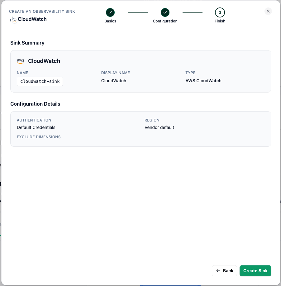 CloudWatch sink summary with Create Sink