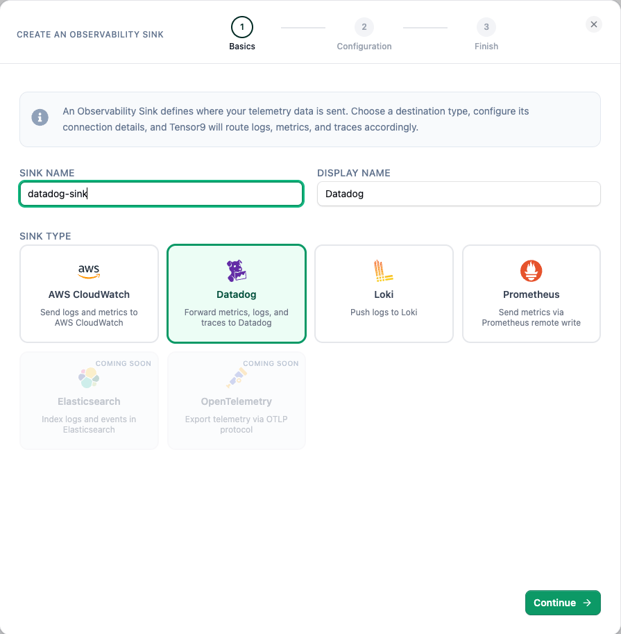 Sink wizard Basics step with Datadog selected