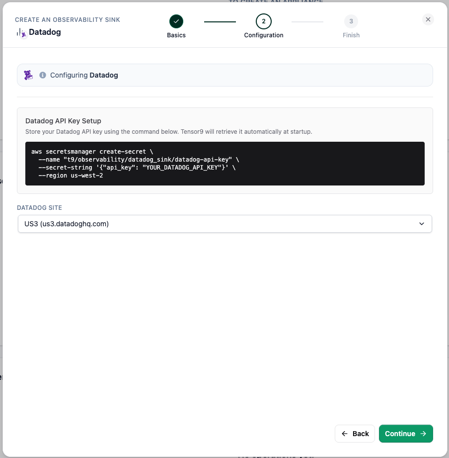 Datadog sink configuration: API key secret command and Datadog site