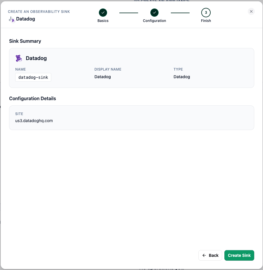 Datadog sink summary with Create Sink