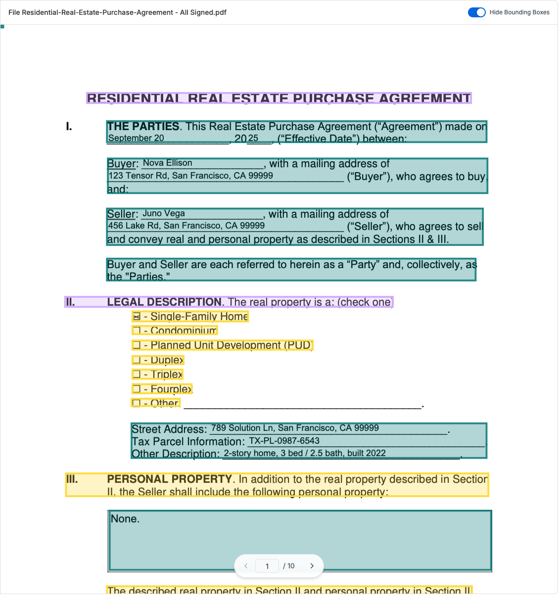 Bounding boxes on the document in the Playground