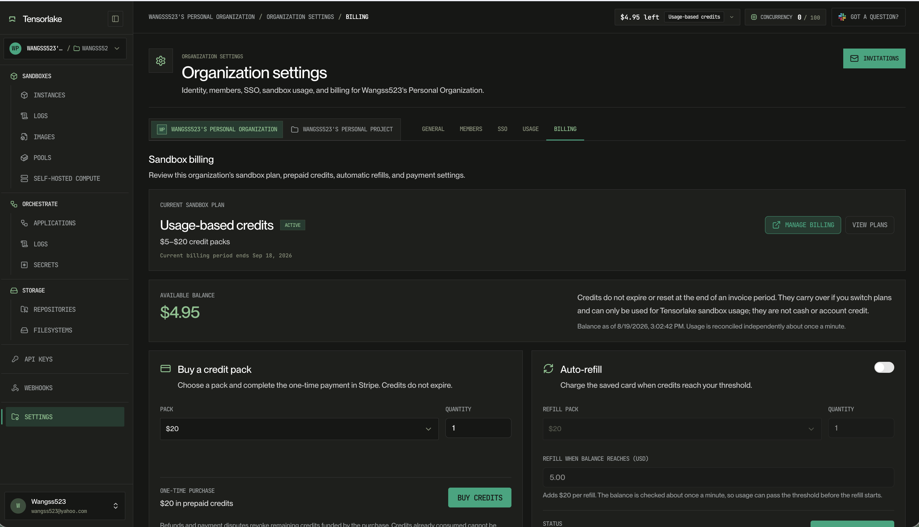 Billing tab in organization settings, with the current sandbox plan, available credit balance, a credit pack purchase form, and auto-refill settings