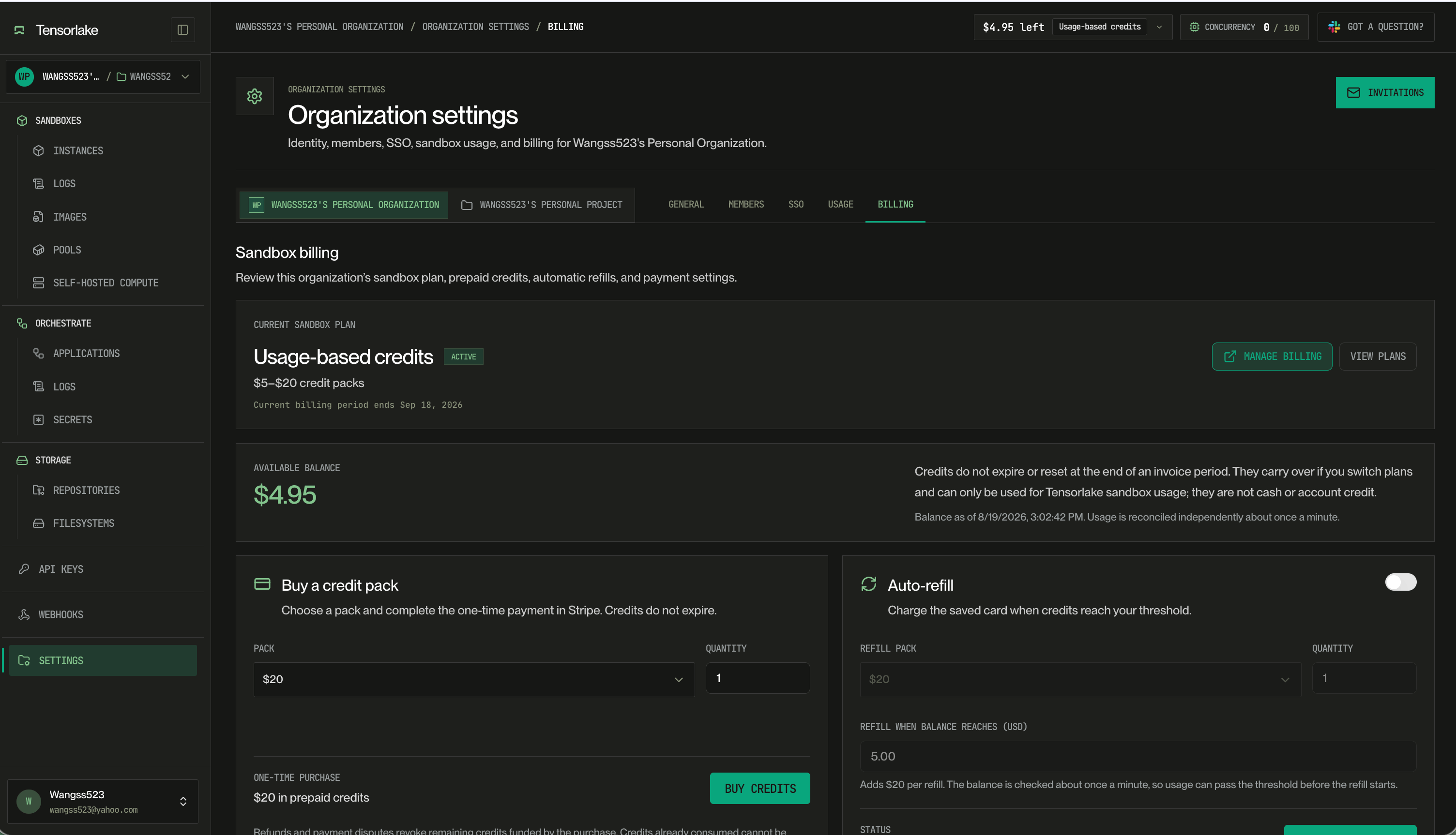 Billing tab in organization settings, with the current sandbox plan, available credit balance, a credit pack purchase form, and auto-refill settings