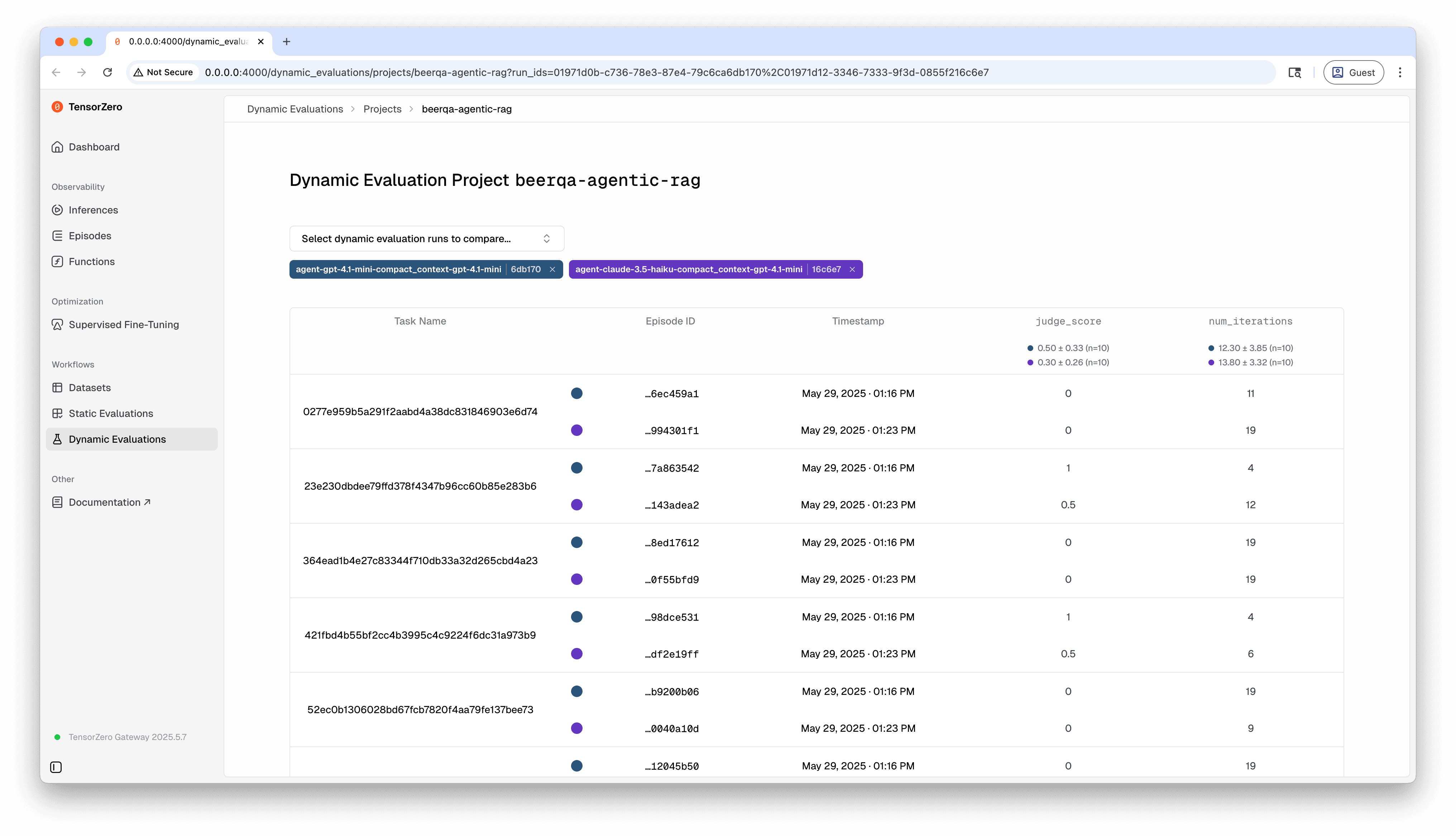 Dynamic Evaluation Run Results in the TensorZero UI