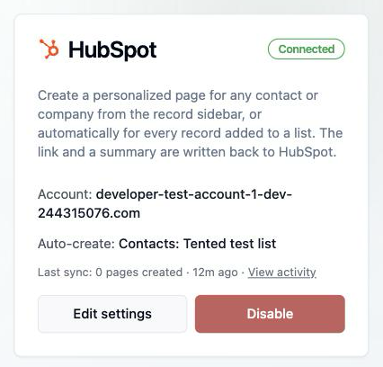The HubSpot tile once connected: account, watched list, and last sync.
