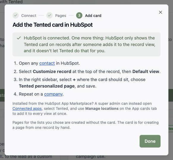 The Add card step at the end of setup in Tented.