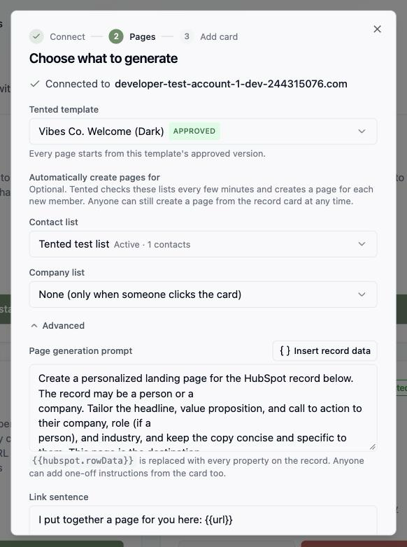 The Advanced section with the page generation prompt and the link sentence.