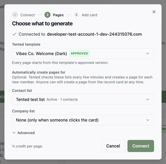 The Pages step: connected account, template, and the contact list to watch.