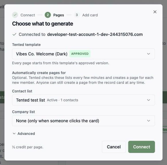 The Pages step: connected account, template, and the contact list to watch.