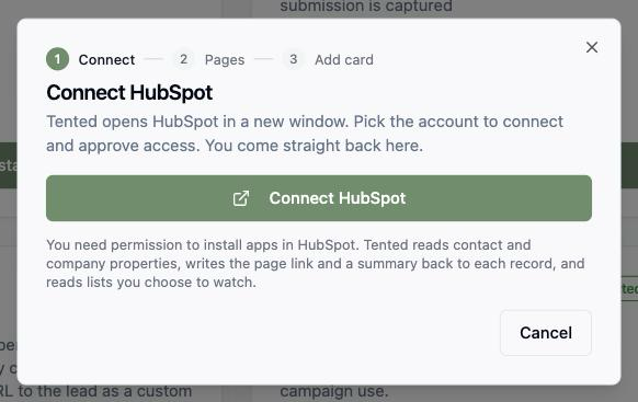 The Connect HubSpot dialog: one button opens HubSpot in a new window.