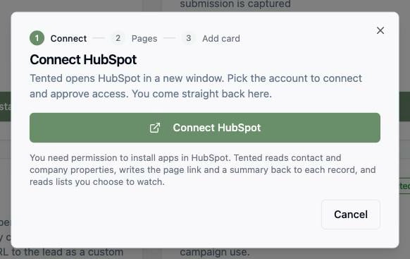 The Connect HubSpot dialog: one button opens HubSpot in a new window.