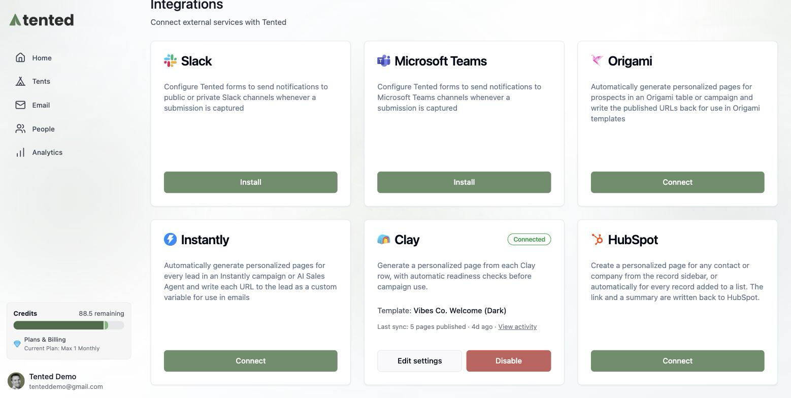 The Integrations page with the HubSpot tile and its Connect button.